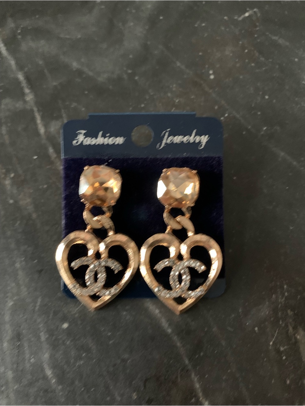 NEW! Yellow Gold Heart Drop Earrings with Rhinestone Accents
